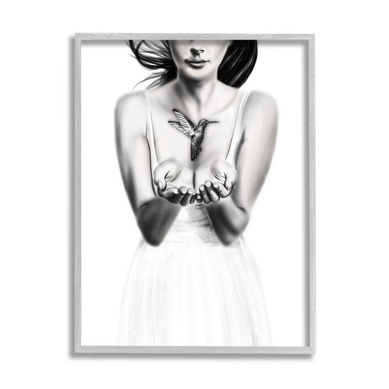 «Girl with Hummingbird» encadré sur bois par Ros Ruseva, impression, H 14 po x l 11 po x P 1,5 po
