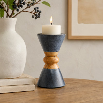 Monarch Marble & Acacia Wood Black Candleholder