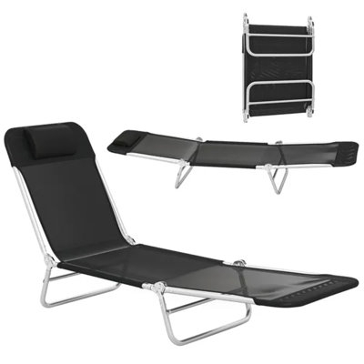 Black Folding Chaise Lounge Chair, Portable 5-Level Adjustable Tanning Chair with Pillow for Beach & Poolside