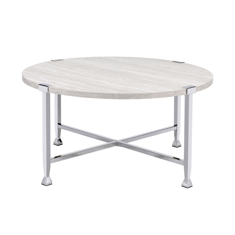 Table basse ronde avec cadre en métal, chêne blanc et chrome