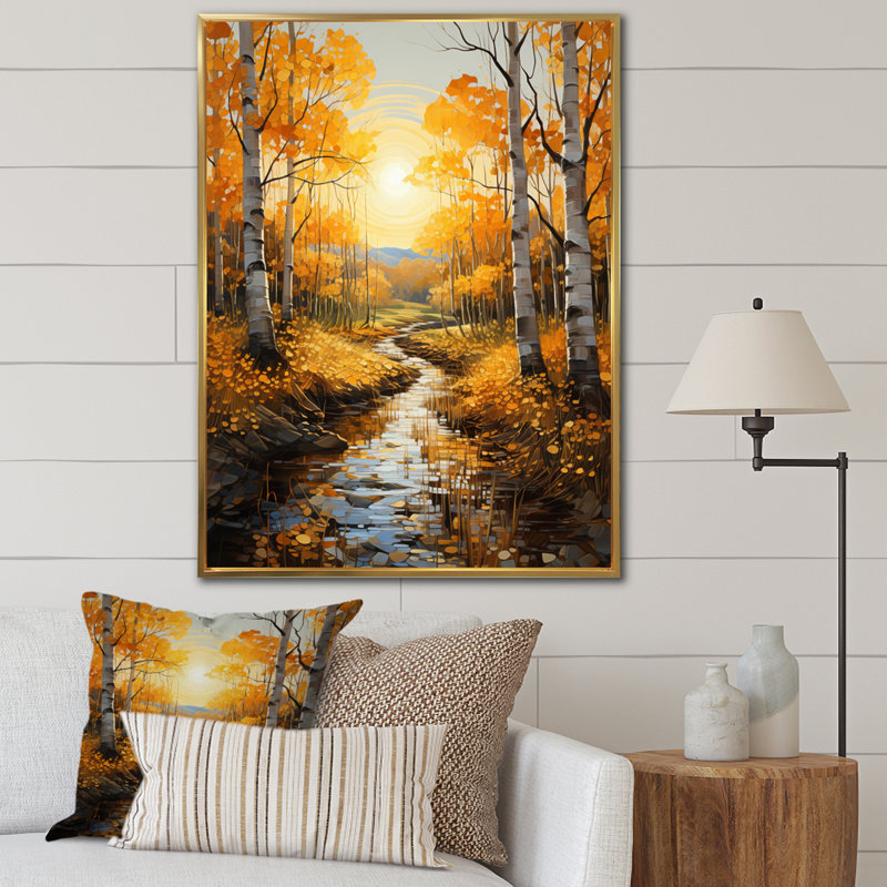 Wayolle " Sunlit Grove IV ", 44" H x 34" W x 1.5" D, Gold Floater Framed