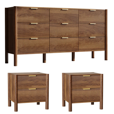 Ensemble de chambre à coucher 3 pièces Witter, commode 9 tiroirs et 2 tables de chevet, brun
