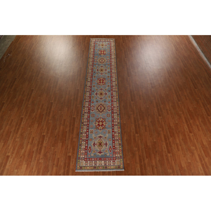 Tapis de couloir bleu clair en laine Kazak fait à la main 3 x 17