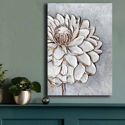 Abstrait blanc, fleur de dahlia, reproduction d'art sur fond gris
