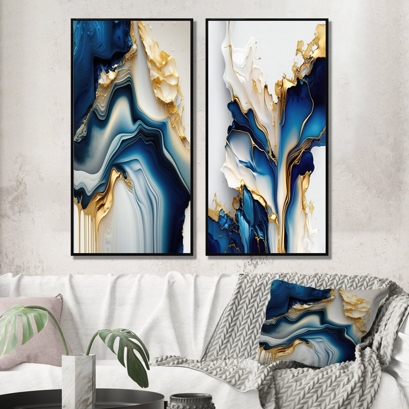 " Abstract Geode Gold And Blue Marble " - Glam wall art set - 2 Pieces on Canvas, Black Framed, 40" H x 40" W