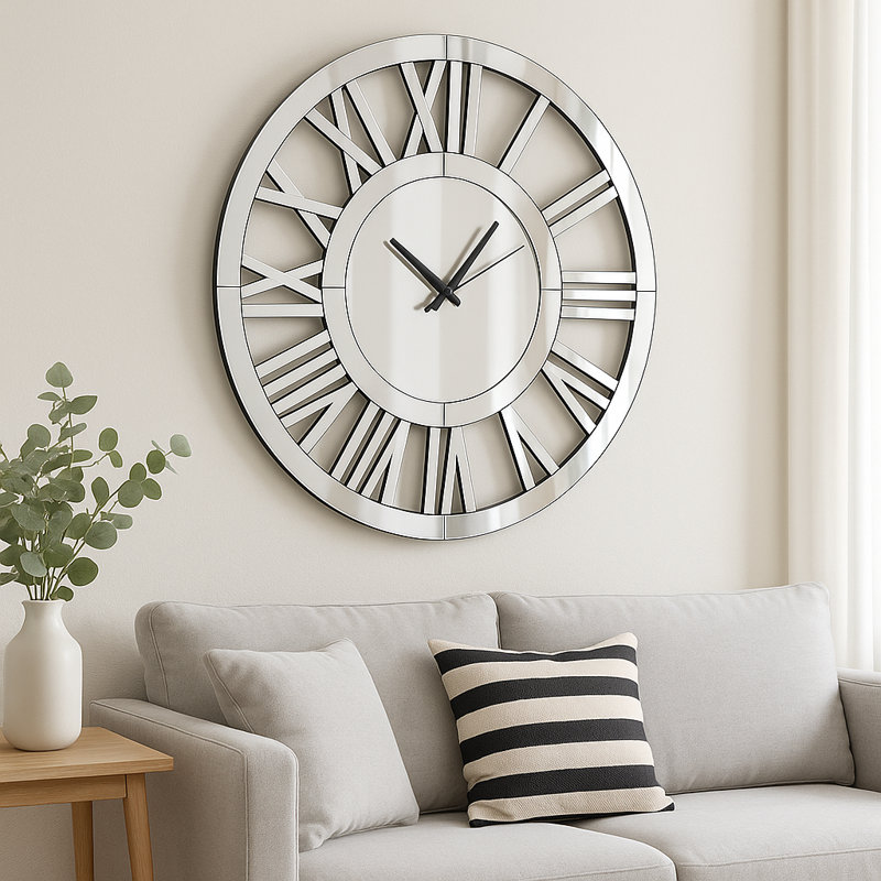 Grande horloge murale miroir en verre rond de 60 cm, horloge décorative à chiffres romains modernes, au-dessus du lit, décor de canapé, cadeau