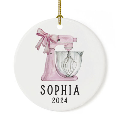 Custom Baking Ornament Watercolor Pink Stand Mixer With Bow Ceramic Christmas Tree Decoration, Gift For Bakers