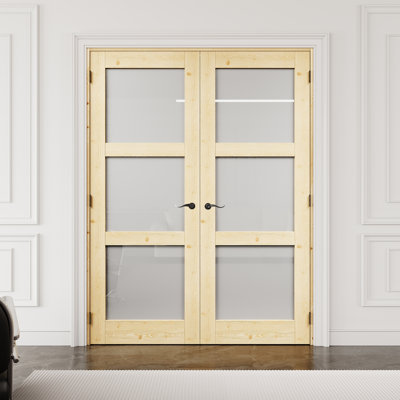 60" x 80" 3-Lite Pine Wood & Frosted Glass Interior French Door with Black Hardware & Latch & Door Lever, Natural Pine Wood, Tempered Glass Door Slab with Privacy, Paintable & Waterproof, Suit for Laundry, Closet Doors, Room Doors, Assembly Required