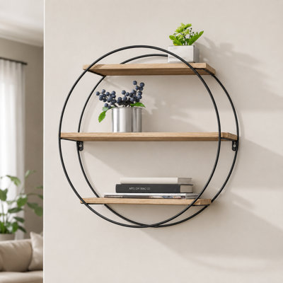Round 3-tier Wall-mounted Shelf With Iron Frame And Wood Panels – Industrial Rustic Display Rack For Living Room, Bathroom, Bedroom, Or Office