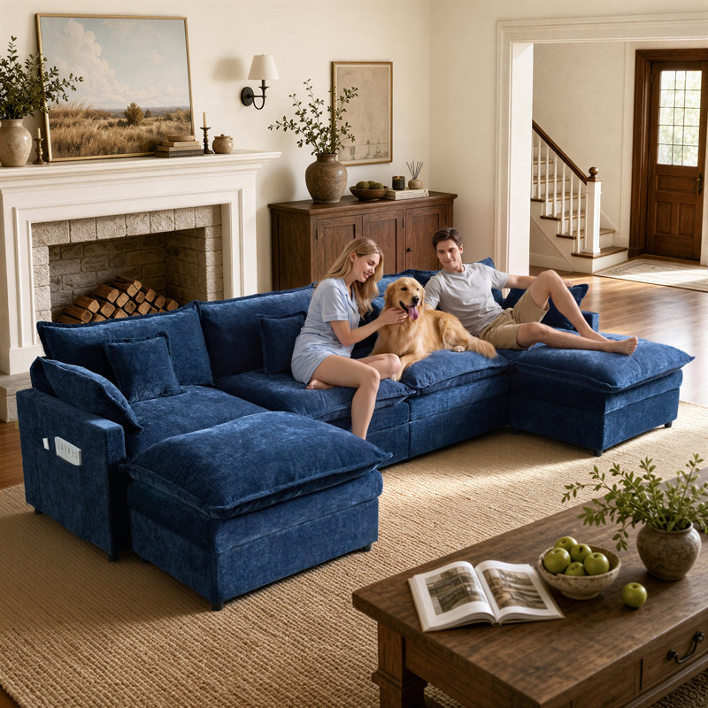 Canapé d'angle modulaire en forme de U de 142 pouces, combinaison libre avec poufs et coussins amovibles, Bleu très foncé