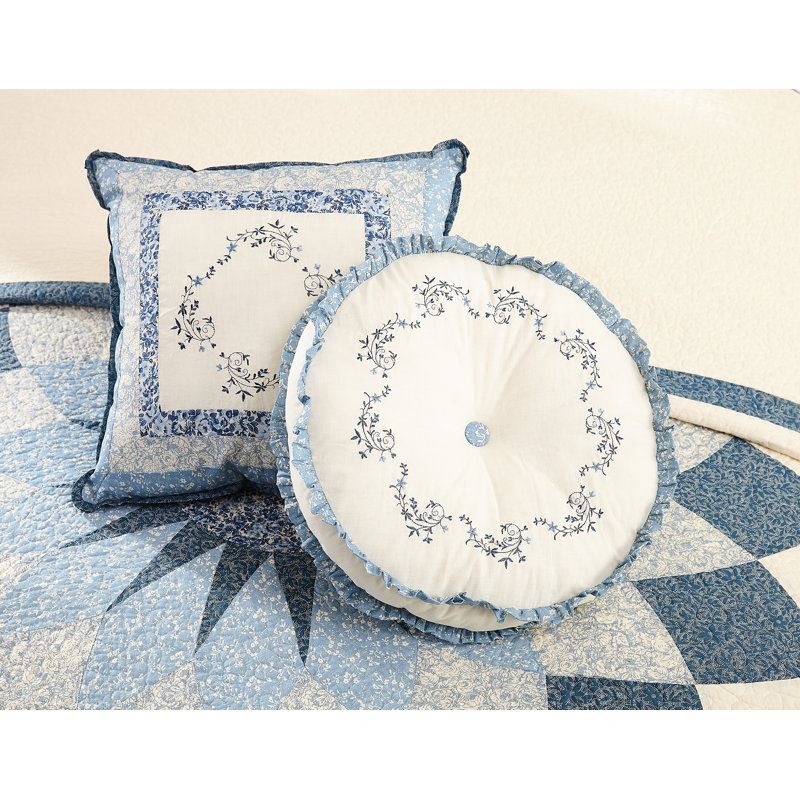Charlotte 14'' Round Embroidered Blue and White Decorative Pillow