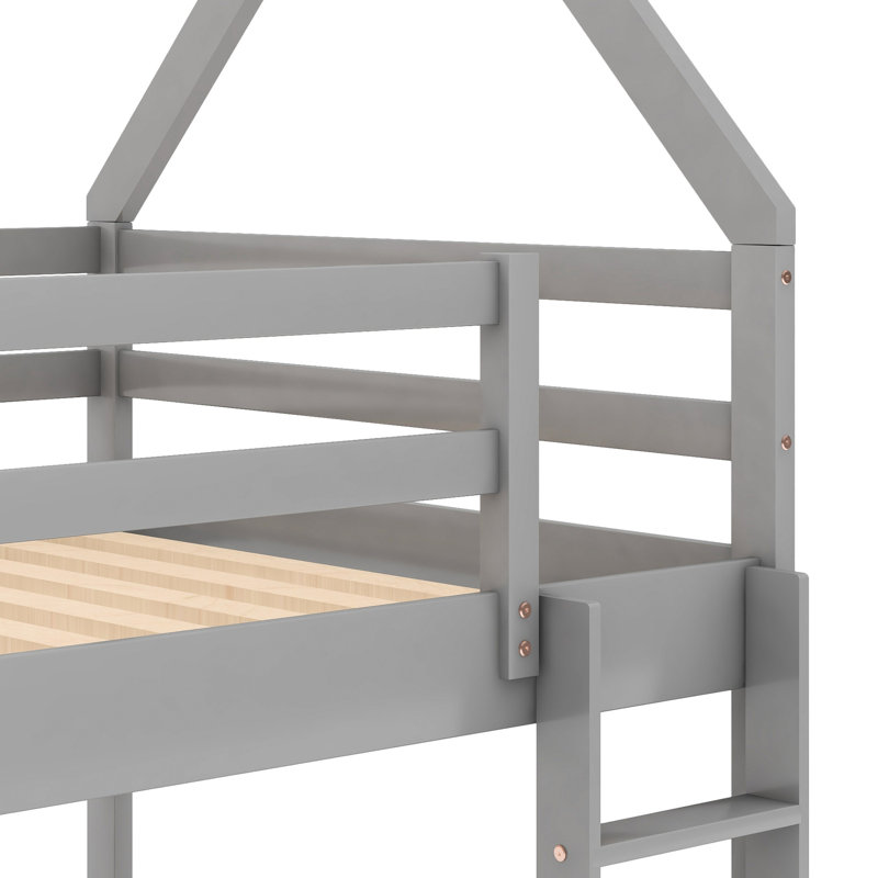 Gray Twin Over Bunk - Included, House Bed For Cozy Sleep Low Stable Design With