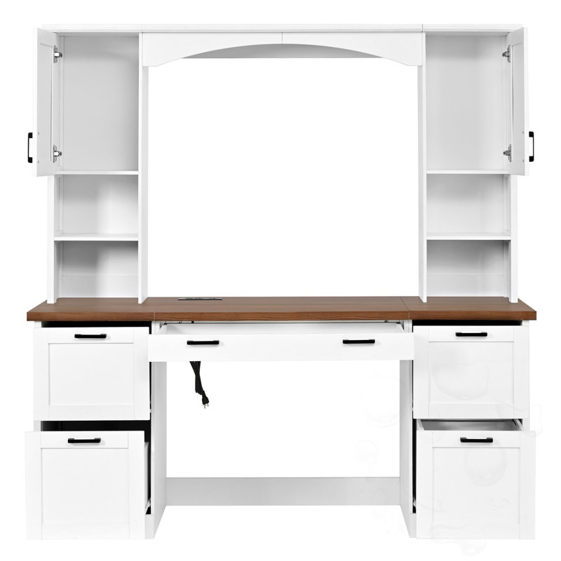 Bureau d'ordinateur arqué avec tablette, station de recharge, plateau pour clavier et tiroir, Brun / Blanc