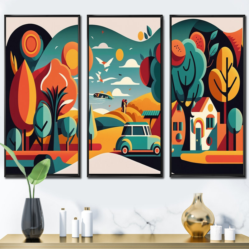 «Futuristic Cityscape With Trees IV», reproduction sur toile 3 pièces, Cadre flottant noir, H 28 po x l 36 po x P 1 po