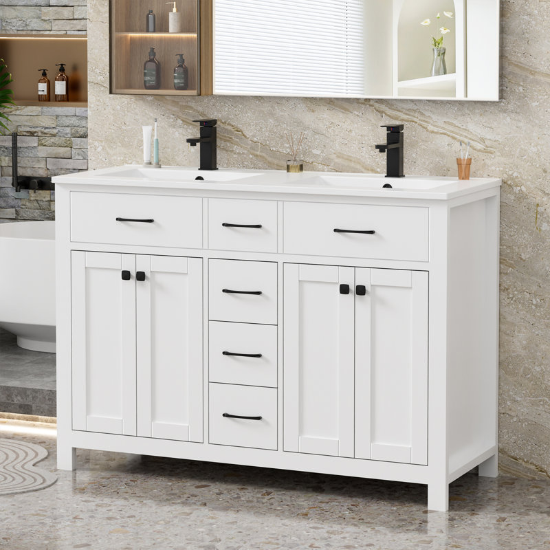 Manrique Sharee 48" Double Sink Bathroom Vanity With Resin Top, Anti-shock, Water Saving Faucet, Pop Up Drain, White