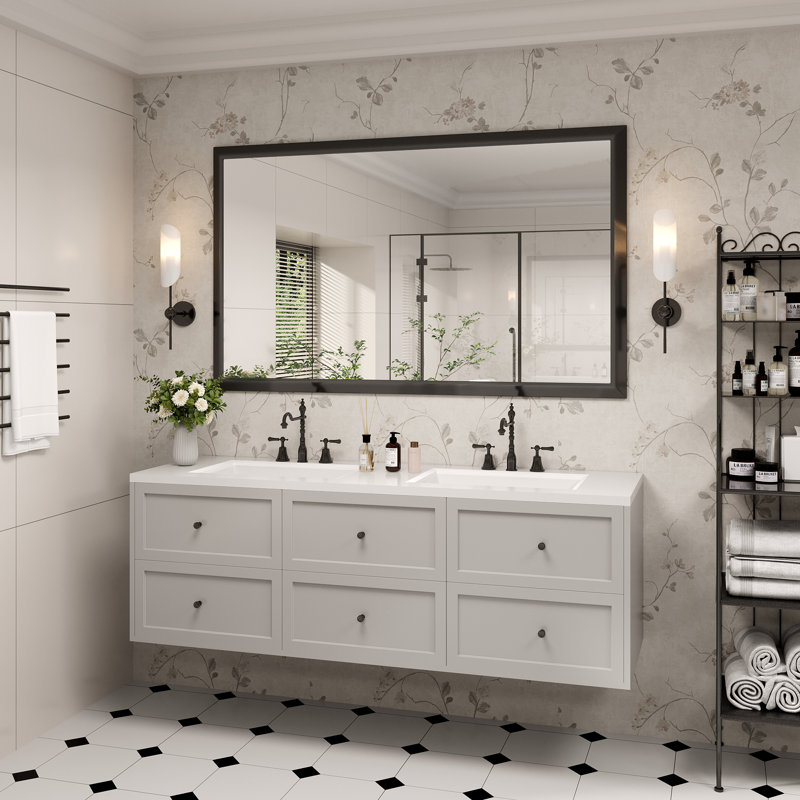 Molly Tempered Glass Metal Beveled Framed Wall Mounted Vanity Rectangular Mirror, 60" x 36", Black