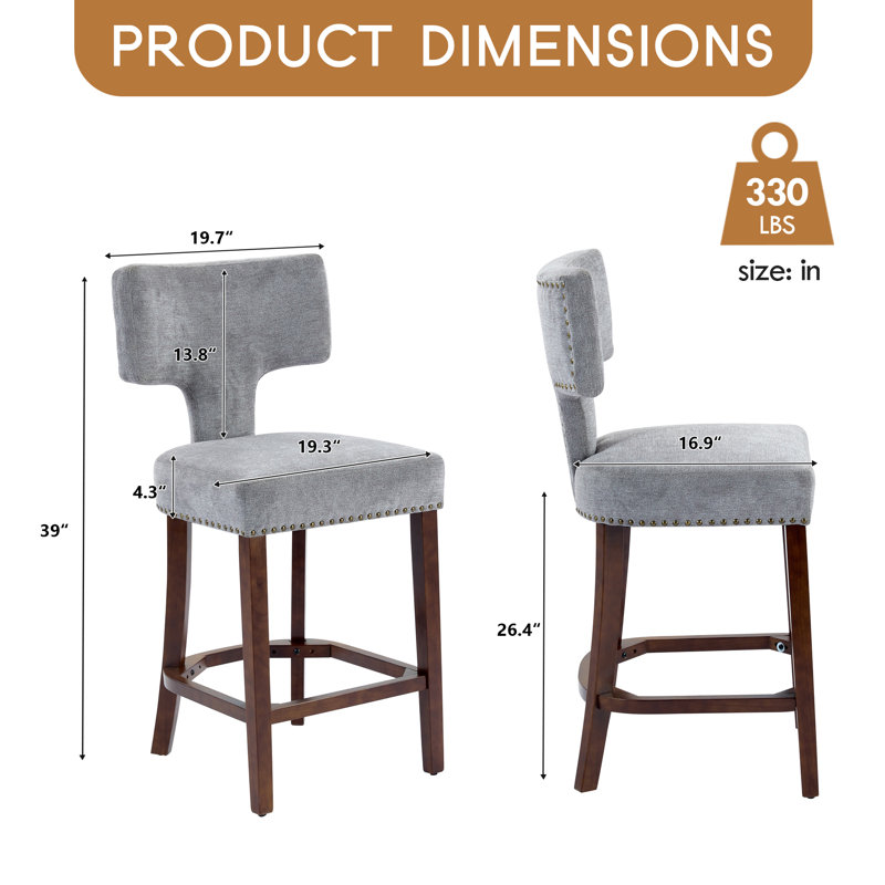 Ensemble de 2 tabourets de bar à hauteur de comptoir, tabourets de bar rembourrés en lin avec dossier incurvé et clous en cuivre