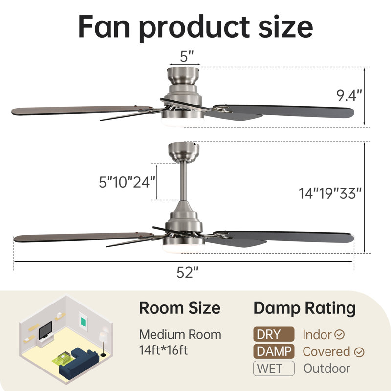Sofucor 52" 5-Blades Standard Ceiling Fan with LED Lights and Remote Control-Nova, Nickel with Black Blades