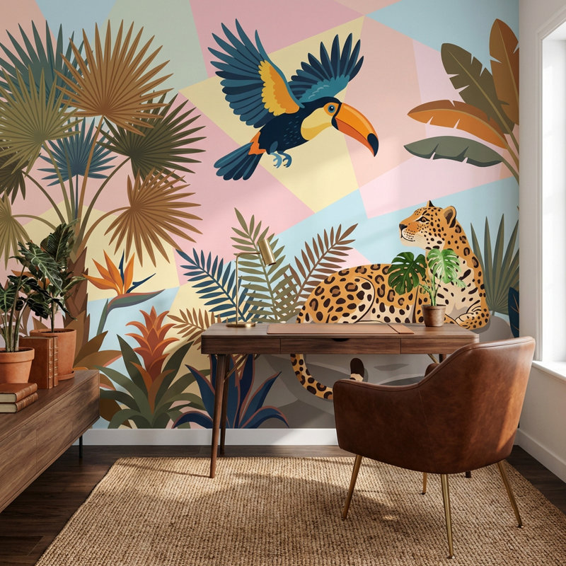 Papier peint léopard tropical, 100 po x 96 po, Peler et coller