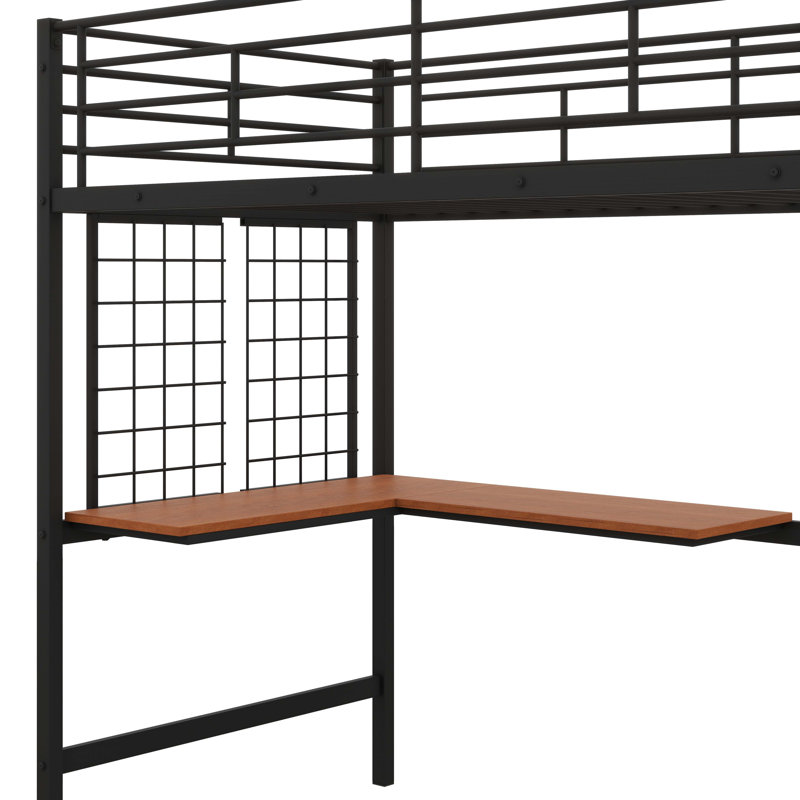 Lit mezzanine simple en métal avec bureau intégré et structure en grille métallique, y compris une échelle, Noir