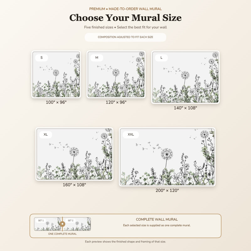 Papier peint minimaliste avec bordure de fleurs de pissenlit, L 106 po x l 187 po