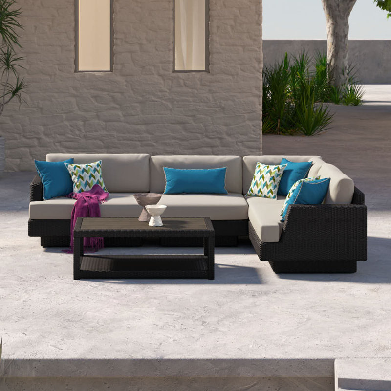 Ensemble de conversation modulaire avec coussins Sunbrella 5 pièces Ehrenfried, Structure espresso / coussin colombe