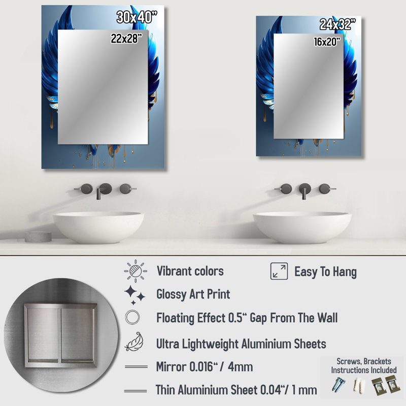 Bleu et or ange ailes V - ailes d'ange miroir, miroir mural décoratif blanc, art imprimé en métal, 40 po x 30 po