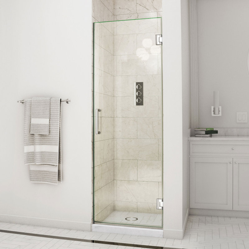 Unidoor 26" W x 72" H Hinged Frameless Shower Door with ClearMax™ Technology, Chrome, Clear Glass