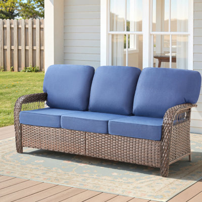 75.2" Outdoor Brown Wicker Patio Sofa With T Shape-Back Cushions And 5" Thick Foam, For Porch Or Backyard