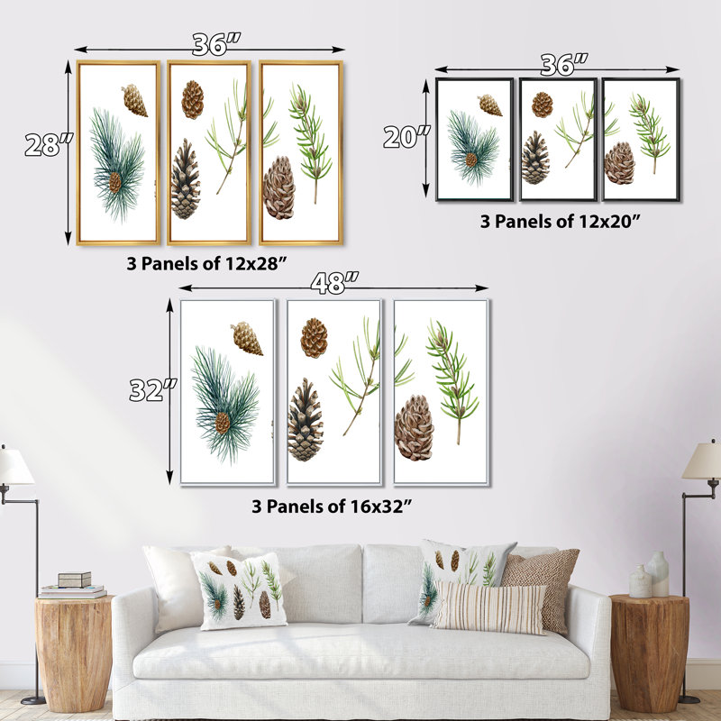 Ensemble de 3 branches de pin avec cadre flottant, impression sur toile, L 36 po x H 28 po, Cadre brun