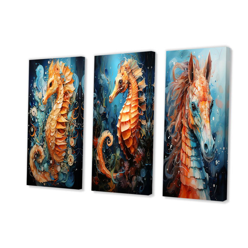 Ensemble de 3 décorations murales orange et bleu Seahorse Symphony I - Hippocampe, H 28 po x l 36 po, Toile tendue