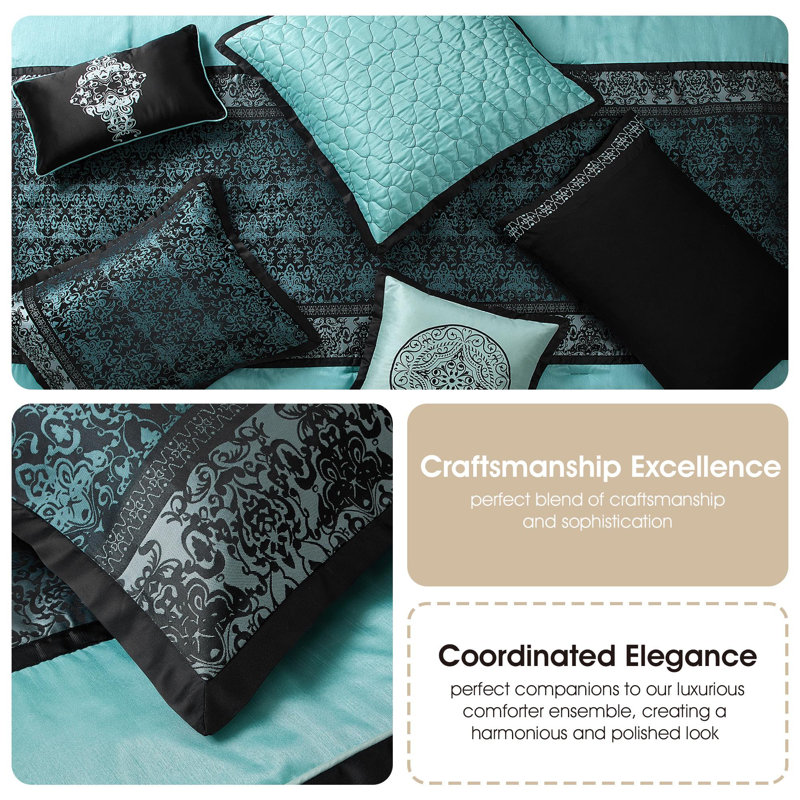 California King Aqua and Black Jacquard Comforter Set, 12 Pieces