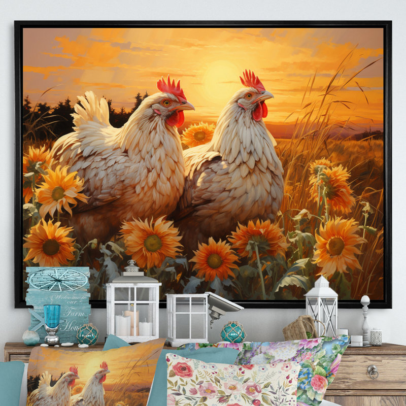 Poulet aimant Bexhet au coucher du soleil - Imprimé, H 12 po x l 20 po x P 1 po, Cadre flottant noir