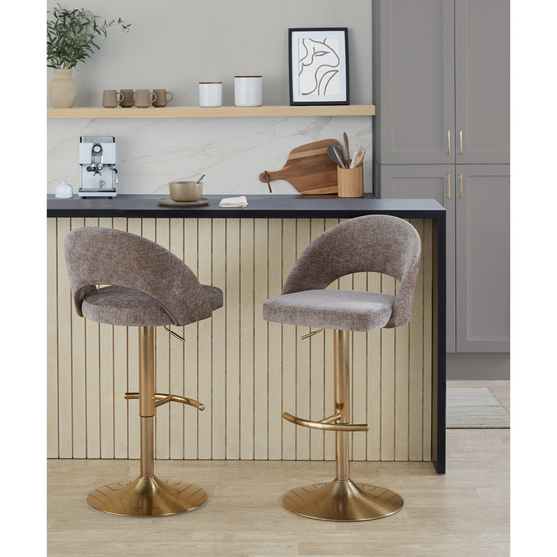 Tabouret de bar réglable avec pivot, Doré, Gris / tissu