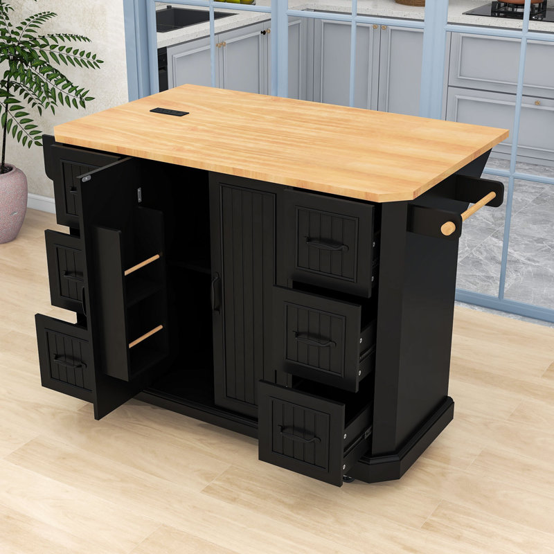 Rolling Kitchen Island Cart with Drop Leaf, Power Outlet, 6 Drawers and Storage Cabient, Black