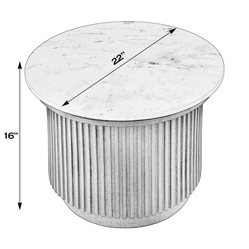 Georgia 22 in. W Round Marble Top Ribbed Side Table, White and Brown