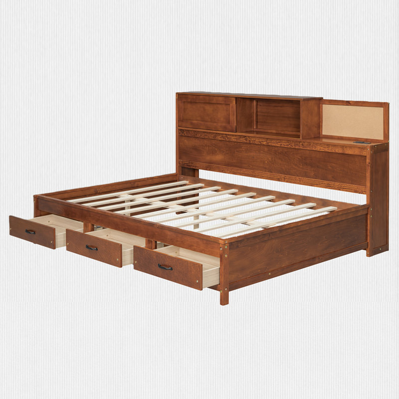 Lit plateforme double avec tiroirs de rangement et tablette, Noyer