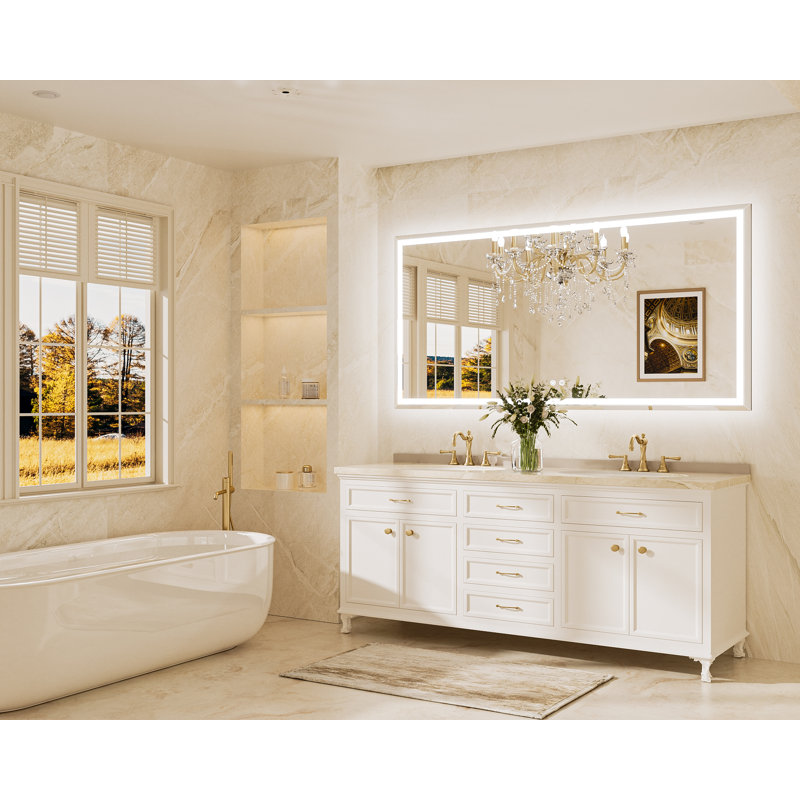 Beveled Front & Back LED Bathroom Vanity Mirror Dimmable Anti-Fog Tempered Glass, 72" x 36", Rectangle