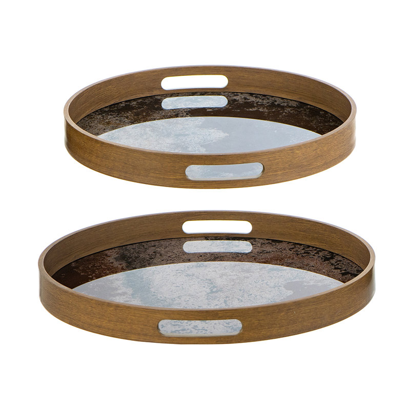 S/2 Round Glass And Plastic Trays With Abstract Multicolored Design L:d15.5X1.5" S:d13.5X1.5", Brown/Orange/Gray Marble