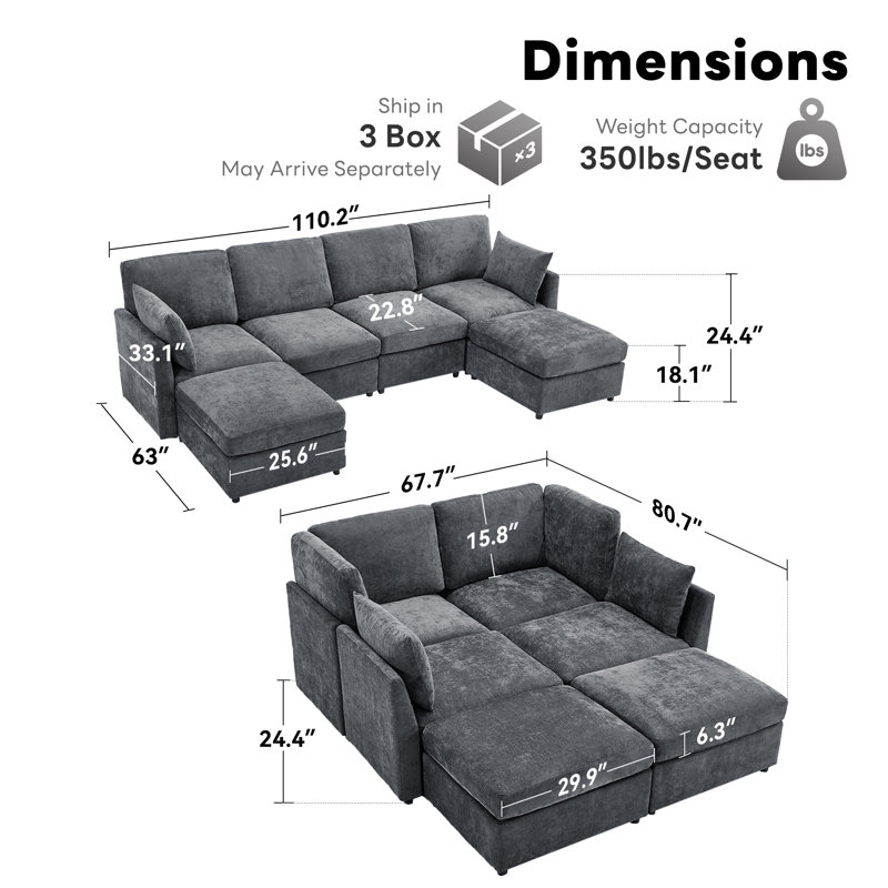110" Upholstered Modular Sofa Modern Sectional, Gray Polyester Blend