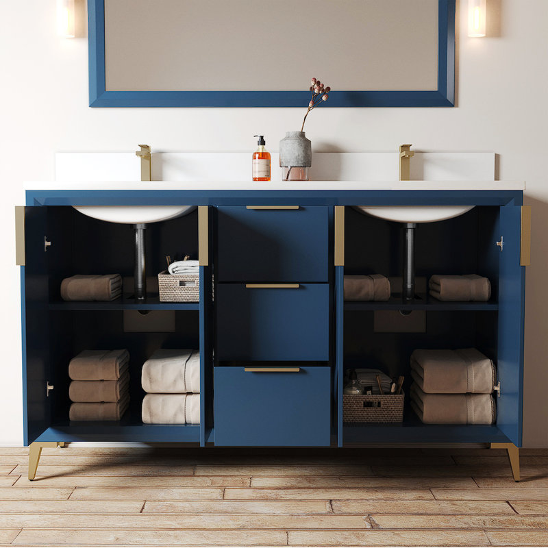Meuble-lavabo double 60 po avec plateau Cardia, Bleu