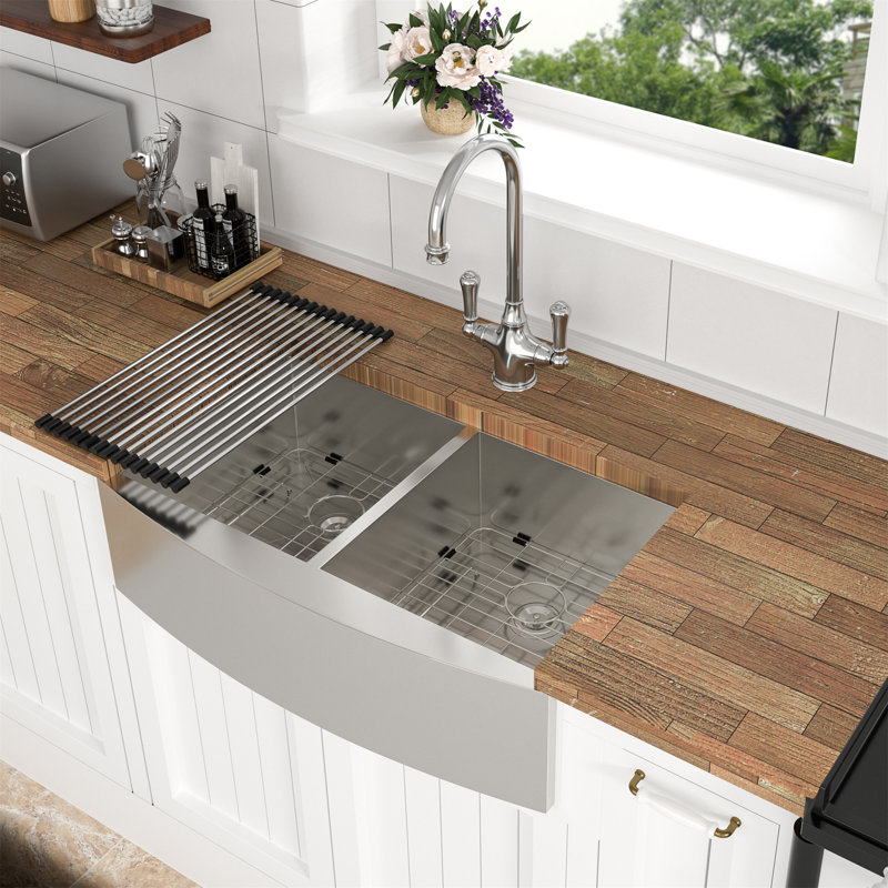 Double Bowl (50/50) Farmhouse Sink- 36" X 20" X 9"Stainless Steel Apron Front Kitchen Sink 16 Gauge With Two 9" Deep Basin