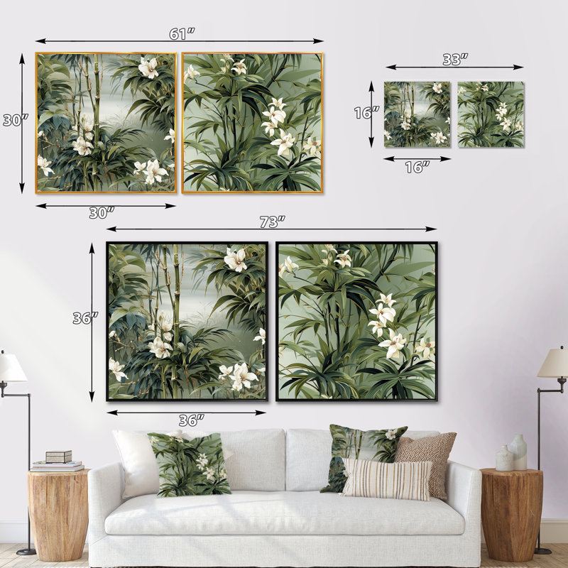 Genica - Ensemble de 2 collages carrés tropicaux, Cadre flottant noir, H 16 po x l 33 po