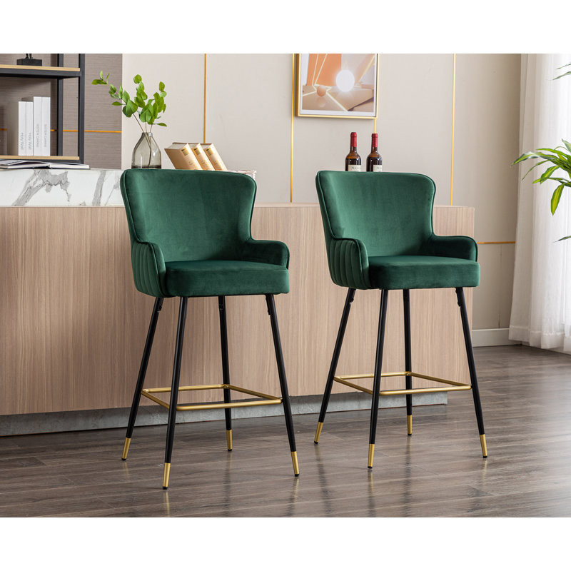 Semire Upholstered Full Back Bar & Counter Stool with Square Armrests and Metal Footrest, Luxury Bar Stool for Living Room