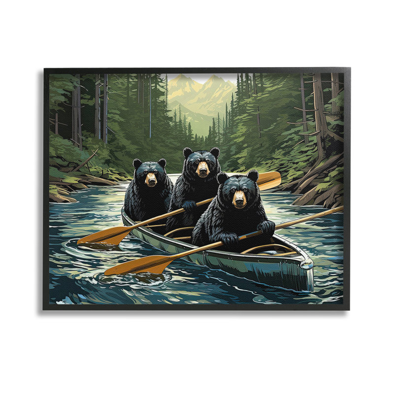 «Woodland Canoeing Bears», art de la giclée encadrée par Jim Baldwin, H 11 po x l 14 po, Giclée encadrée noir minuit