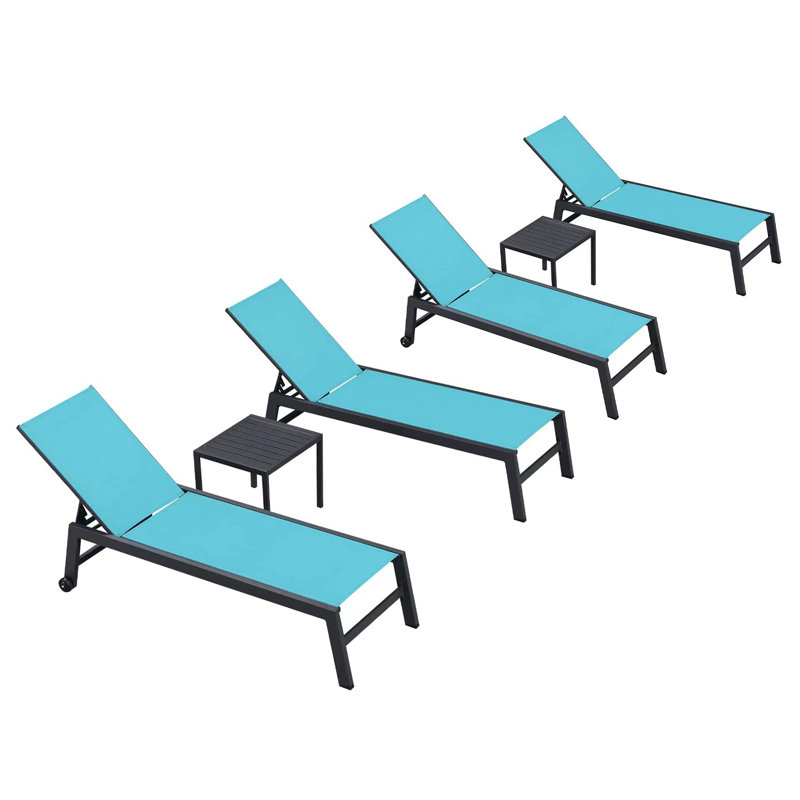 Latitude Run Outdoor Rust-Resistant Metal Chaise Lounge with Table, Blue