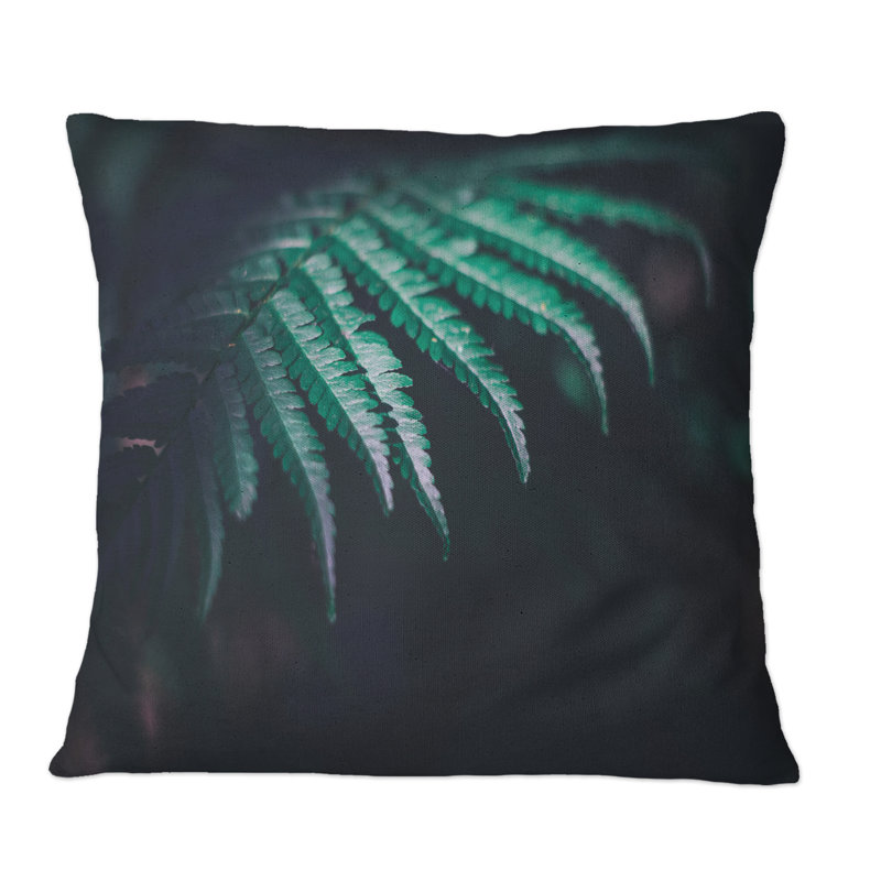 Coussin décoratif à imprimé de feuilles de fougère vert foncé sur fond noir II, 16 po x 16 po