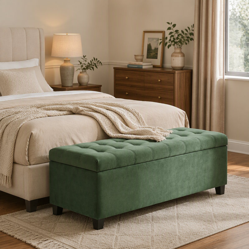Banc de rangement avec repose-pieds, banc d'entrée, banc de bout de lit, repose-pieds pour chambre à coucher, vert rétro, 300 lb