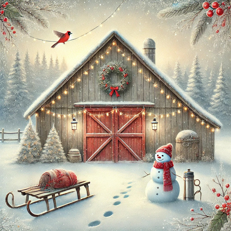 Art mural sur toile Snowy Barn avec festive couronne, traîneau et bonhomme de neige joyeux, H 12 po x l 12 po x P 1 po
