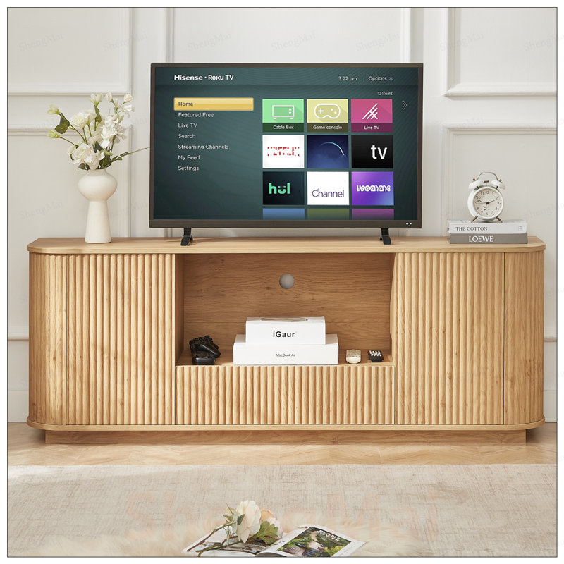 Meuble télé 64 pouces, buffet arrondi avec rangement, armoire à rayures verticales en bois pour une utilisation polyvalente dans le salon / la chambre à coucher / le vestibule